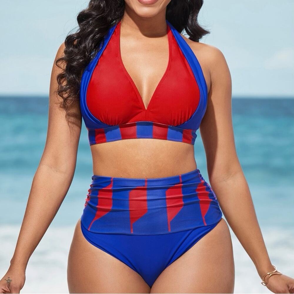 NWT Rosewe Geometric Print Royal Blue Red High Waisted Bikini Swimsuit. Size M.
